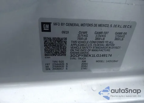 2020 Chevrolet Silverado 1500 4Wd Short Bed Custom z USA, uszkodzony, nr VIN 3GCPYBEK1LG149174